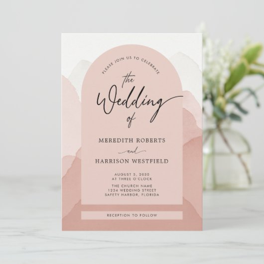 Mountain Majesty QR Code Moderne Skripthochzeit Einladung (Stehend Vorderseite)