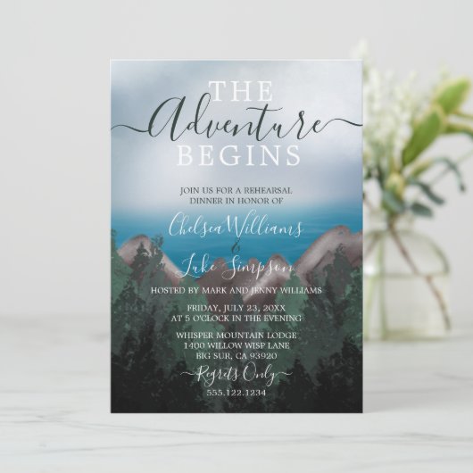 Mountain Meets Ocean Wedding Probe Dinner Einladung (Stehend Vorderseite)