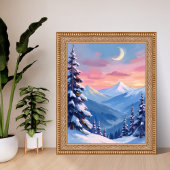Mountain Moon Winter Watercolor Painting Poster