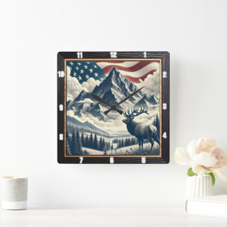 Mountain Moose Patriotic Rustic Quadratische Wanduhr