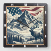 Mountain Moose Patriotic Rustic Quadratische Wanduhr (Vorderseite)