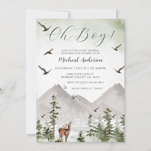 Mountain Pine Tree Forest Deer Boy Baby Shower Einladung (Vorderseite)
