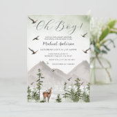Mountain Pine Tree Forest Deer Boy Baby Shower Einladung (Stehend Vorderseite)