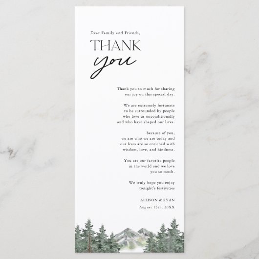 Mountain Pine Tree Rustic Wedding Danke Karten (Vorderseite)