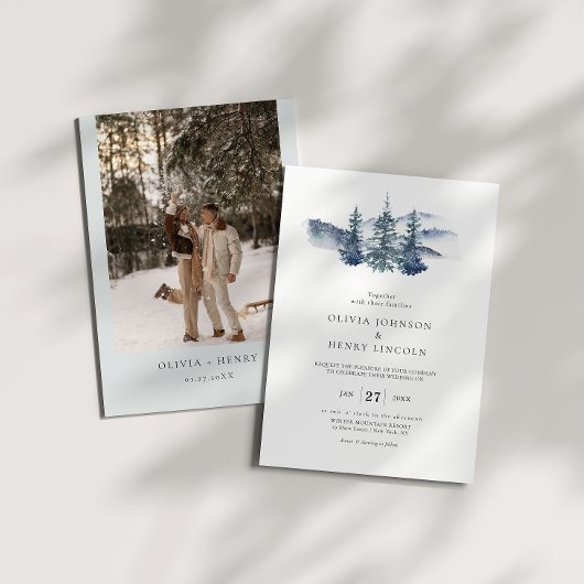 Mountain Pine Tree Winter Wedding Foto Einladung