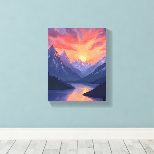 Mountain Range Sunset | Watercolor Lake Landscape Leinwanddruck (Insitu (Holzboden))