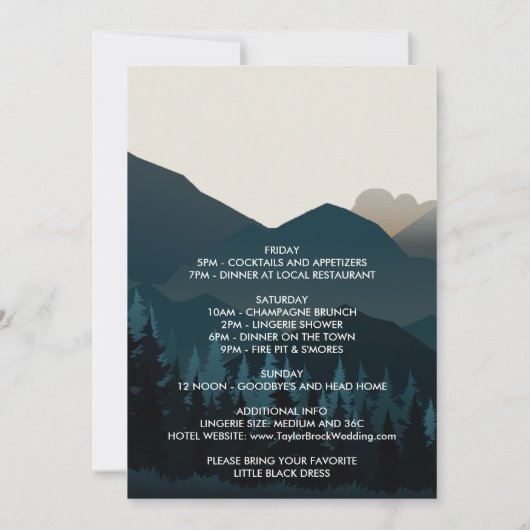 Mountain Retreat Bachelorette Wochenende Einladung (Rückseite)