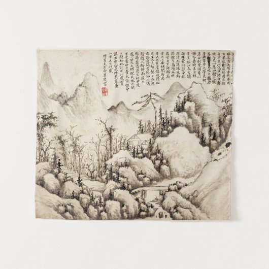 "Mountain Retreat" Chinesische Vintage Landschafts Wandteppich (Vorderseite (Horizontal))