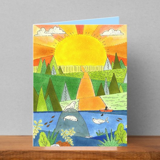 Mountain River Sunrise Zeichnend Blank Card Dankeskarte