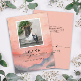 Mountain Rustic Sunset Watercolor Wedding Foto Dankeskarte