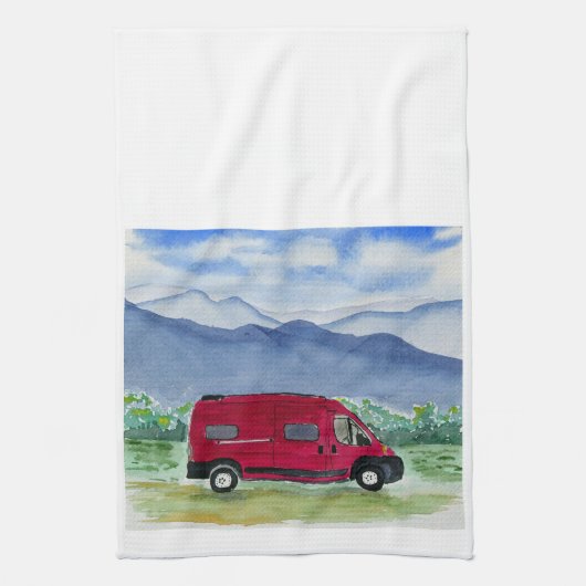 Mountain Scene Van Life Kitchen Handtuch Red Van (Vertikal)
