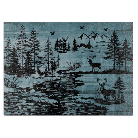 Mountain Serenity Forest and Deer Glass Schneidebrett (Vorderseite)
