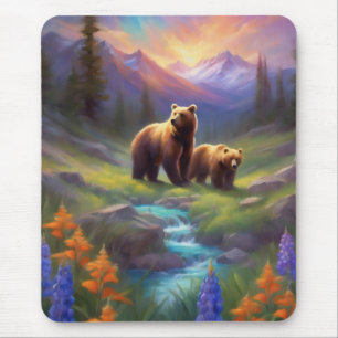 Mountain Stream Bären Wildblumen Sonnenaufgang Mal Mousepad