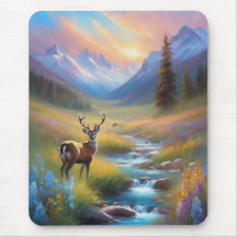 Mountain Stream Deer Wildblumen Sonnenaufgangsmale
