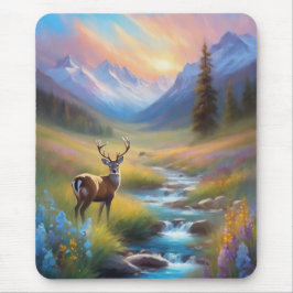 Mountain Stream Deer Wildblumen Sonnenaufgangsmale Mousepad