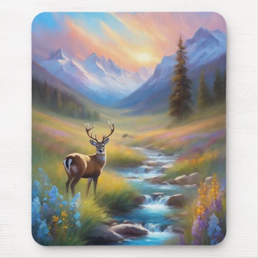 Mountain Stream Deer Wildblumen Sonnenaufgangsmale Mousepad (Vorne)