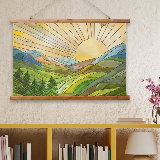 Mountain Sunrise Mosaik Digitale Kunst Wandteppich Mit Holzrahmen