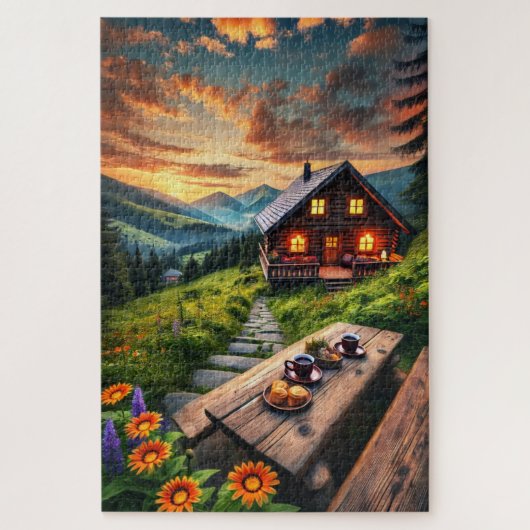 Mountain Sunset Cabin Serenity Puzzle (Vertikal)
