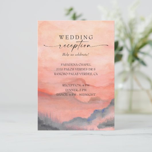 Mountain Sunset Coral Hochzeit Rustikaler Empfang Begleitkarte (Stehend Vorderseite)
