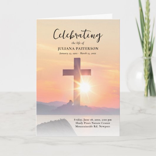 Mountain Sunset Cross Feier des Lebens Beerdigung Programm (Vorderseite)
