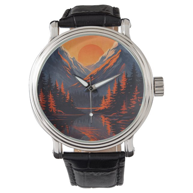 Mountain Sunset Reflection Fiery Orange Sky  Armbanduhr (Vorderseite)