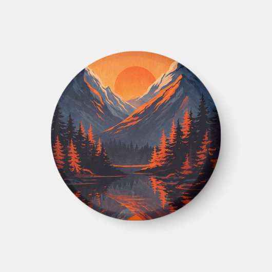 Mountain Sunset Reflection Fiery Orange Sky  Magnet (Vorne)