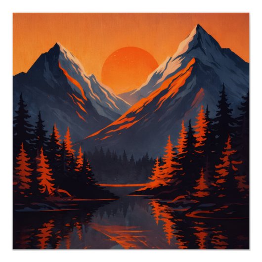 Mountain Sunset Reflection Fiery Orange Sky  Poster (Vorderseite)
