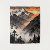 Mountain Sunset Tapestry | Golden Light Ink Art  Wandteppich (Vorderseite)