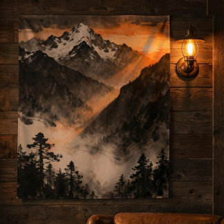Mountain Sunset Tapestry | Golden Light Ink Art  Wandteppich