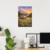Mountain Sunset Wildflowers Retro Hippie Van Art Poster (Heimbüro)
