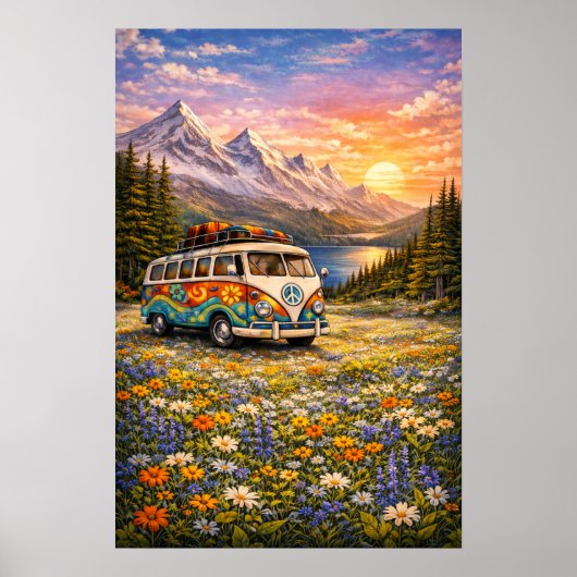 Mountain Sunset Wildflowers Retro Hippie Van Art Poster (Vorne)