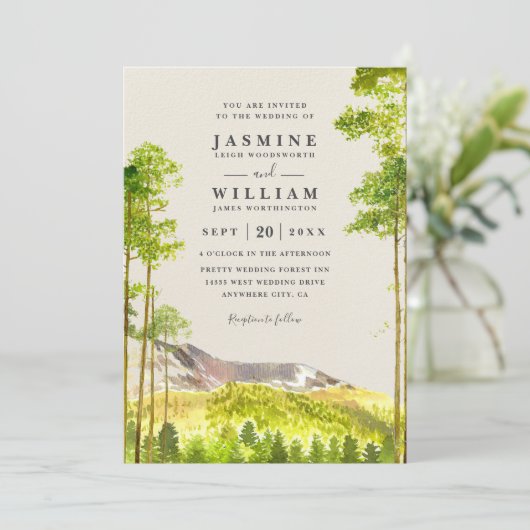 Mountain Trees Forest Rustic QR Code Wedding Einladung (Stehend Vorderseite)