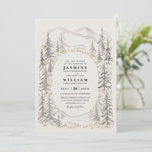Mountain Trees Forest Rustic QR Code Wedding Einladung (Stehend Vorderseite)