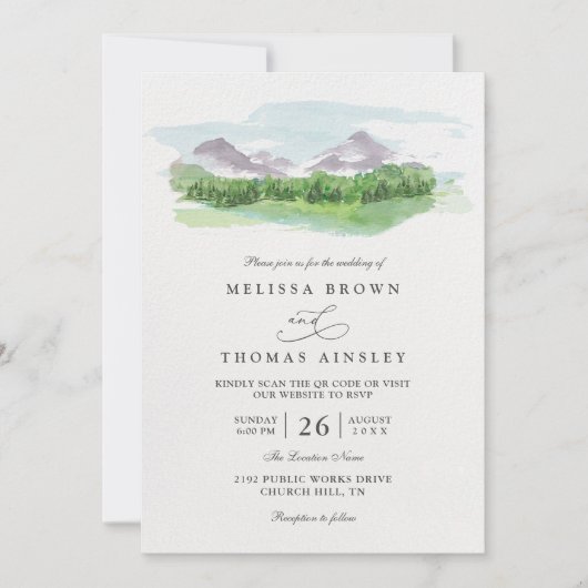 Mountain Trees Pine Forest Rustic QR Code Wedding Einladung (Vorderseite)