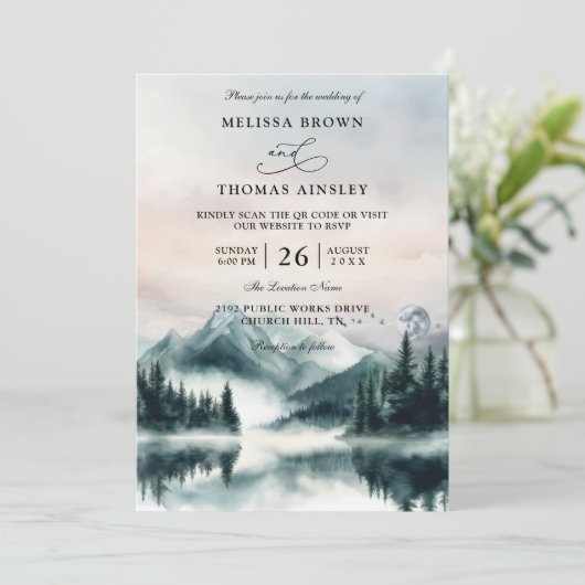 Mountain Trees Pine Rustic Budget QR Code Wedding Einladung (Stehend Vorderseite)