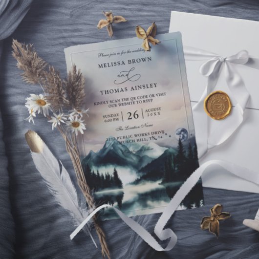 Mountain Trees Pine Rustic Budget QR Code Wedding Einladung