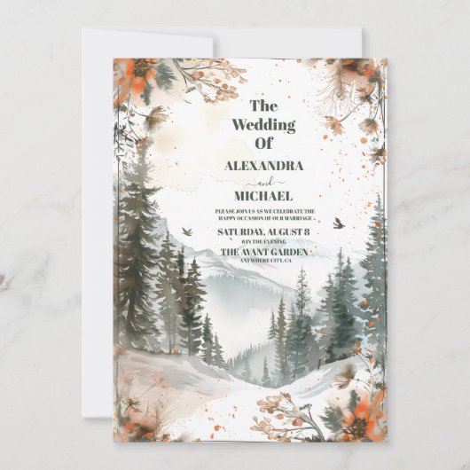 Mountain Watercolor Elegante Rustikale Hochzeit Einladung (Vorderseite)