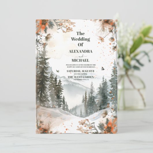 Mountain Watercolor Elegante Rustikale Hochzeit Einladung (Stehend Vorderseite)