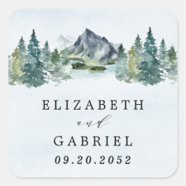 Mountain Watercolor Elegante Rustikale Hochzeit Quadratischer Aufkleber