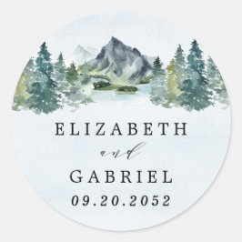 Mountain Watercolor Elegante Rustikale Hochzeit Runder Aufkleber