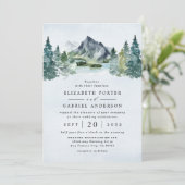 Mountain Watercolor Evergreen Rustic Tree Wedding Einladung (Stehend Vorderseite)