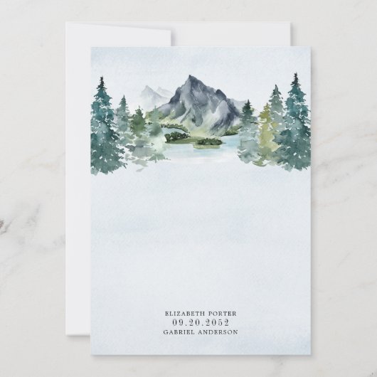 Mountain Watercolor Evergreen Rustic Tree Wedding Einladung (Rückseite)