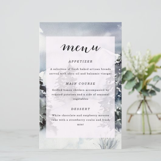 Mountain Watercolor Rustic Wedding Menu (Stehend Vorderseite)