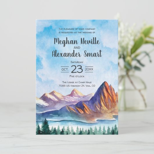 Mountain Wedding Invite with water, pines, big sky Einladung (Stehend Vorderseite)