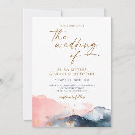 Mountain Wedding Modern Watercolor Navy Pink Gold Einladung