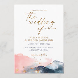 Mountain Wedding Modern Watercolor Navy Pink Gold Einladung