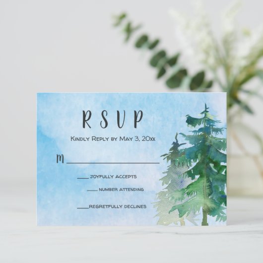 Mountain Wedding RSVP Card mit Anzahl Teilnehmer (Stehend Vorderseite)