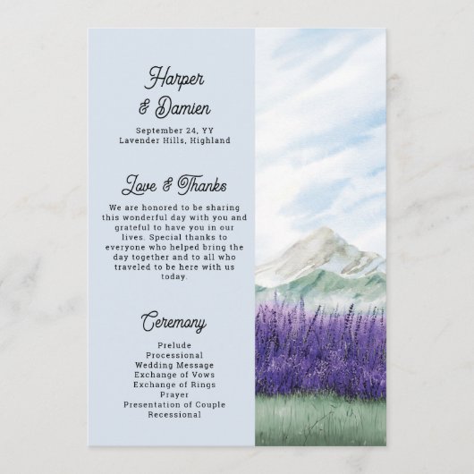 Mountain Wedding Wassercolor Lavendel Landschaft Programm (Vorderseite)