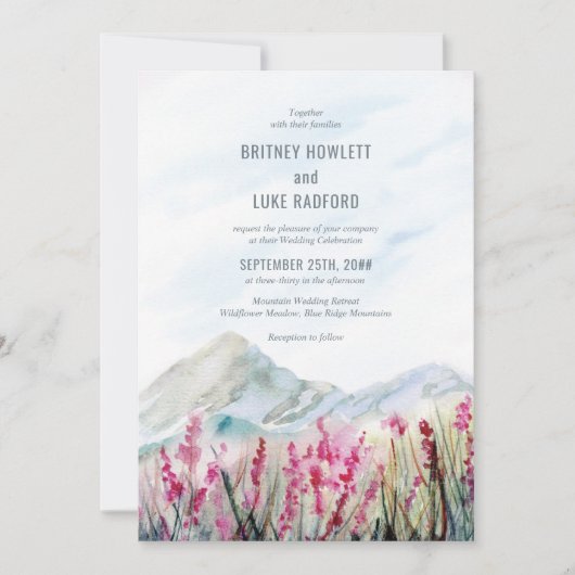 Mountain Wedding Watercolor Pink Wildblume Wiese Einladung (Vorderseite)