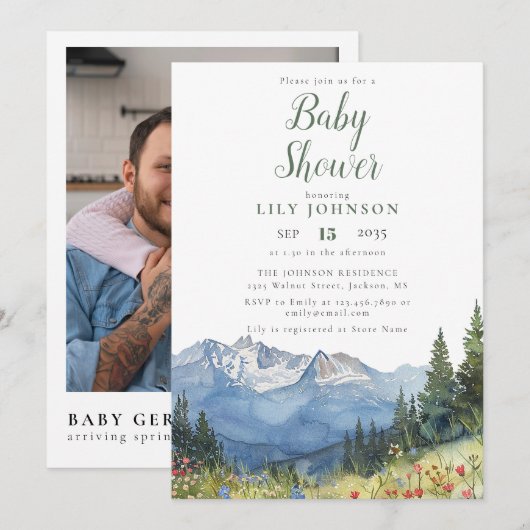 Mountain Wildblume Baby Shower Foto QR Code Einladung (Vorne/Hinten)